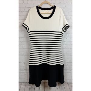 KATE SPADE NEW YORK black white striped A-line short sleeve knit dress XXL
